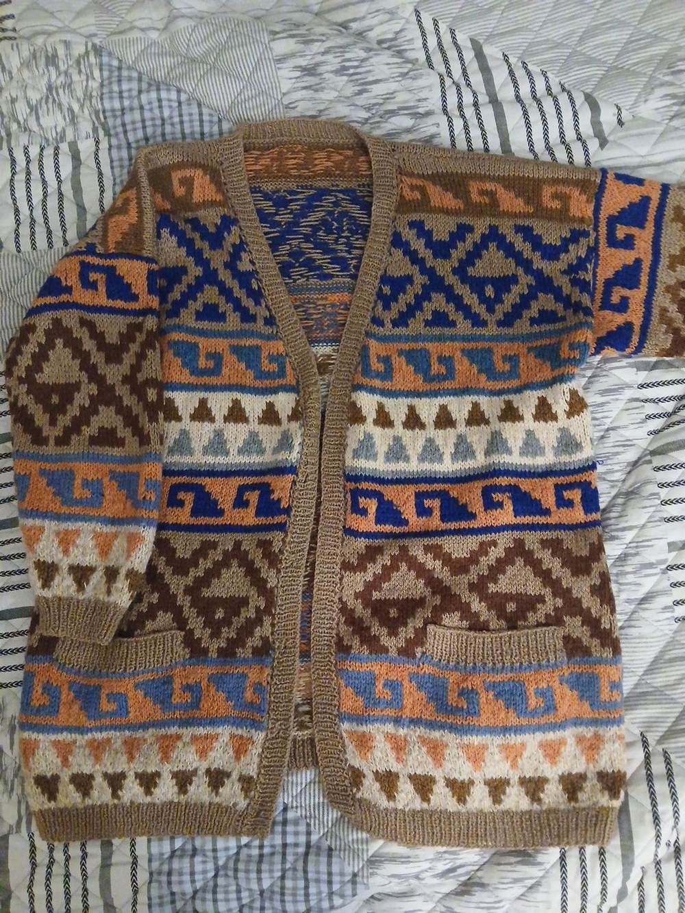 Women's 90s Wool Patterned HandKnit Cardigan Sweater - Brown & Blue L